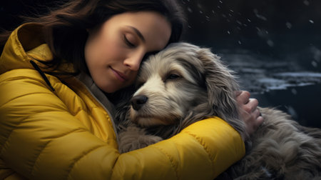 Beautiful young woman with her dog in the rain at night.の素材