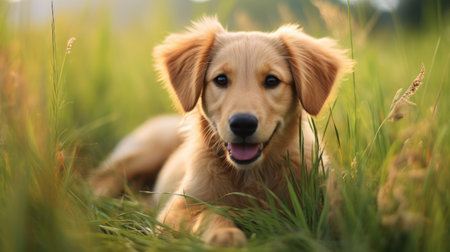 Cute Golden Retriever puppy lying on green grass in summer fieldの素材