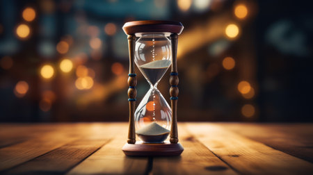 Hourglass on wooden table in front of blurred lights. Time conceptの素材