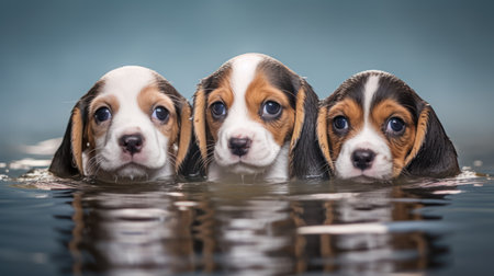 Three cute beagle puppies swimming in the water. Studio shot.の素材