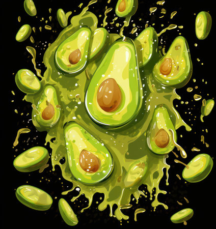 Avocado slice with oil splashing on black background. Vector illustration.の素材