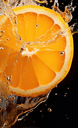 Slice of orange falling into water with splash, isolated on black backgroundの素材