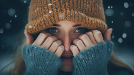 Portrait of a young woman in a knitted hat covering her face with hands.の素材