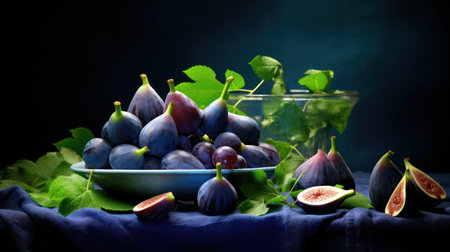 Fresh figs with green leaves on a dark blue background, selective focusの素材
