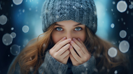 Portrait of a young woman covering her mouth with her hands in winterの素材