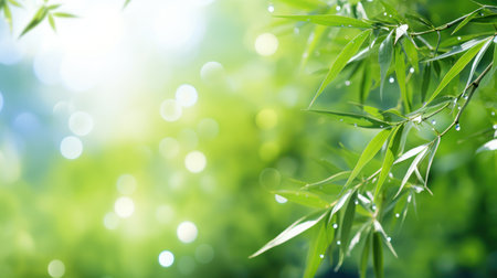 Bamboo leaves with bokeh on green background. Nature backgroundの素材