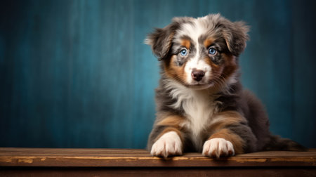 blue merle Australian shepherd puppy dog sitting on a wooden table and looking at the cameraの素材