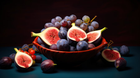 Fresh figs and grapes in a bowl on a dark background.の素材
