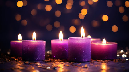 Burning purple candles on bokeh background, christmas decorationの素材