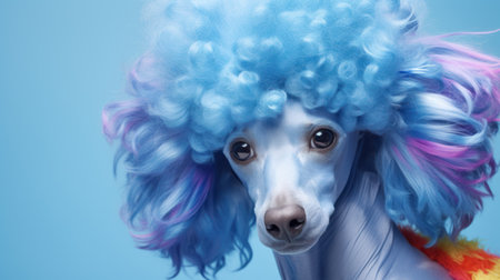 Portrait of a poodle dog with blue wig on blue backgroundの素材