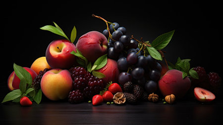 Fresh fruits and berries on a black background. Healthy food concept.の素材