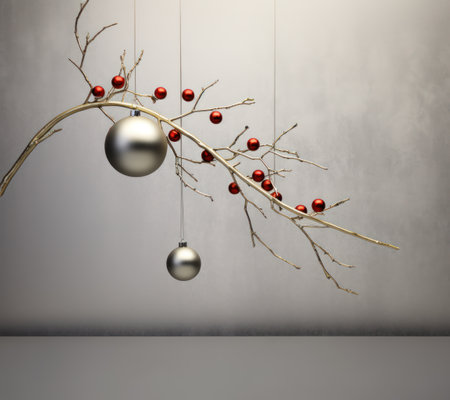 3d render of christmas tree branch with silver balls and red berriesの素材