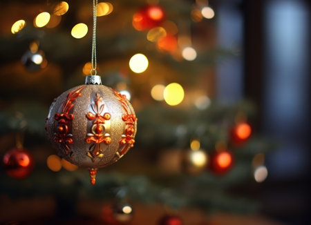 Christmas tree with baubles on blurred lights background, closeupの素材
