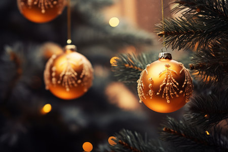 Christmas tree with golden baubles on blurred background, closeupの素材