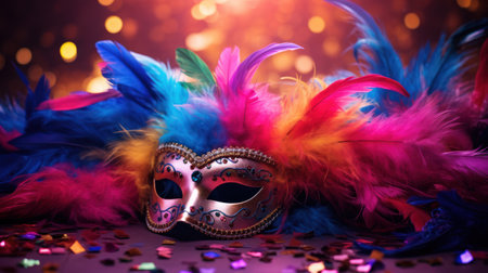 Carnival mask with feathers and confetti on bokeh backgroundの素材