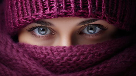 Close up portrait of beautiful young woman in winter hat and scarf.の素材