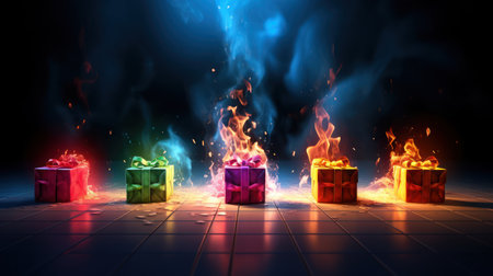 Gift boxes in the fire with flames. 3d illustration.の素材