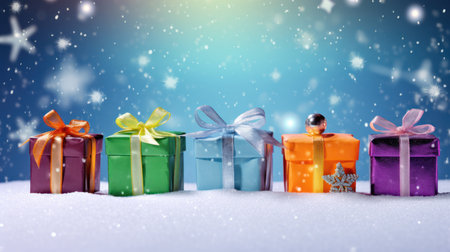 Colorful gift boxes on snow with snowflakes and blue backgroundの素材