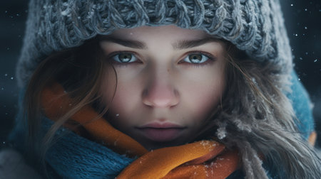 Portrait of young woman in winter clothes. Close-up portraitの素材