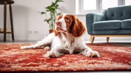 Cute welsh springer spaniel lying on carpet at homeの素材