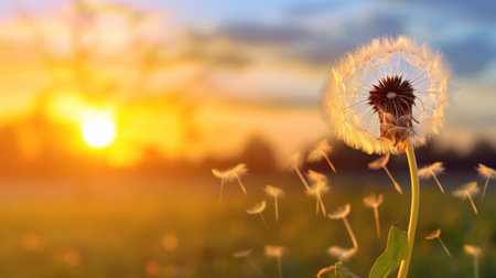 Beautiful dandelion flower on the background of the setting sunの素材