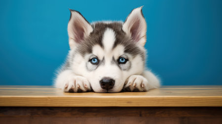 Cute siberian husky puppy with blue eyes on blue backgroundの素材