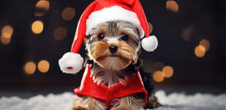 Cute yorkshire terrier puppy wearing red santa claus hat on snow with bokeh backgroundの素材