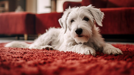 Portrait of cute little dog lying on red carpet in living roomの素材