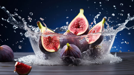 Figs with water splash on blue background. Healthy food concept.の素材