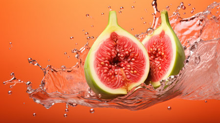 Fresh figs falling into water with splash on orange background, closeupの素材