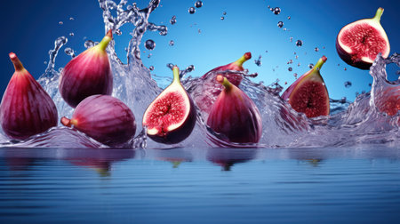 Figs with water splash on blue background. 3d illustration.の素材