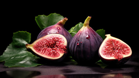 Fresh figs with leaves and water drops on a black background.の素材
