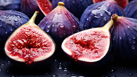 Fresh figs with water drops on black background, close-upの素材
