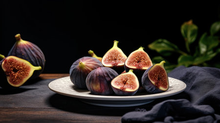 Fresh figs on wooden table. Black background. Selective focus.の素材