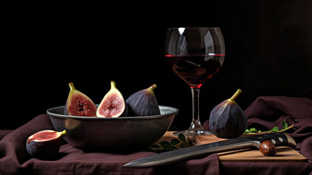 Glass of red wine and ripe figs on a black background.の素材