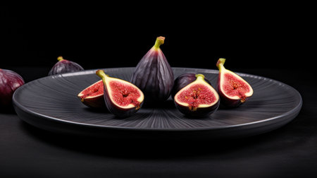 Ripe figs on a black plate on a black background.の素材