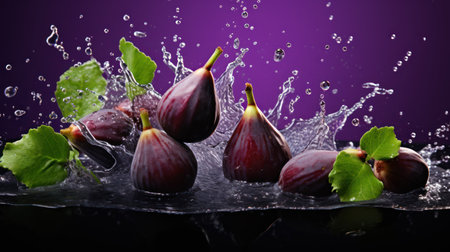 Figs with water splash on a black background. Copy space.の素材
