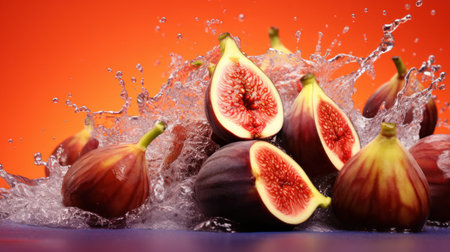 Figs with water splash on orange background. Healthy food concept.の素材