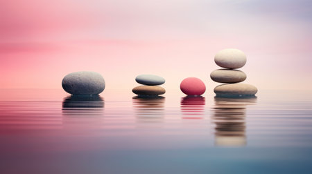 zen stones on water with pink and blue background, zen conceptの素材