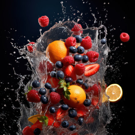 Fresh fruits falling into water with splash, isolated on black background.の素材
