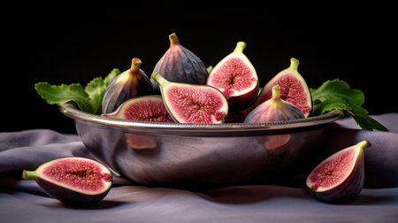 Fresh figs in a metal bowl on a black background. Selective focus.の素材