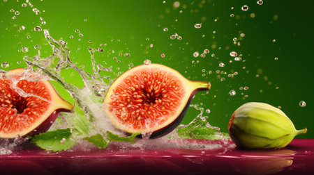Figs in water splash on green background. Fresh fruits concept.の素材