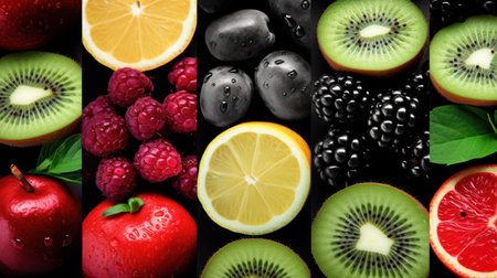 Fruits and berries collage. Healthy food background. Top view.の素材