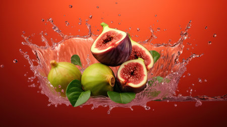 Figs with water splash on a red background. 3d renderingの素材