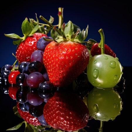 Strawberries, blueberries and grapes on a black background.の素材