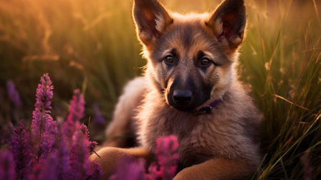 German Shepherd puppy lying on the grass at sunset. Selective focus.の素材