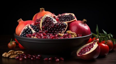 Ripe pomegranate fruit in a bowl on a black backgroundの素材