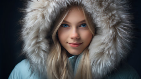 Beautiful young woman in a winter jacket with a white fur hoodの素材