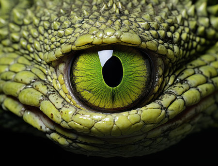 Green eye of a crocodile close-up. Macro photography.の素材