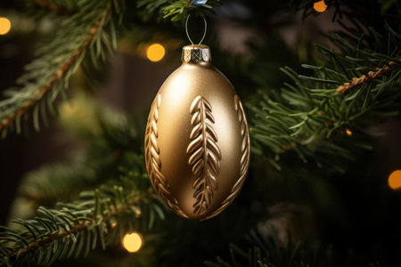 Golden christmas ball hanging on christmas tree with bokeh backgroundの素材
